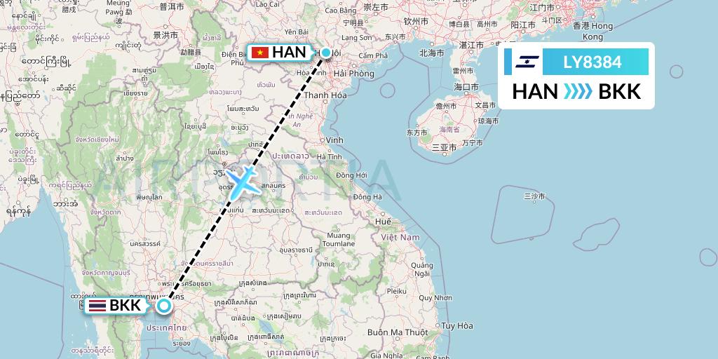 LY8384 El Al Flight Map: Hanoi to Bangkok