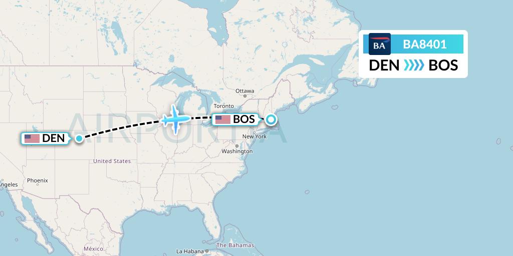BA8401 British Airways Flight Map: Denver to Boston