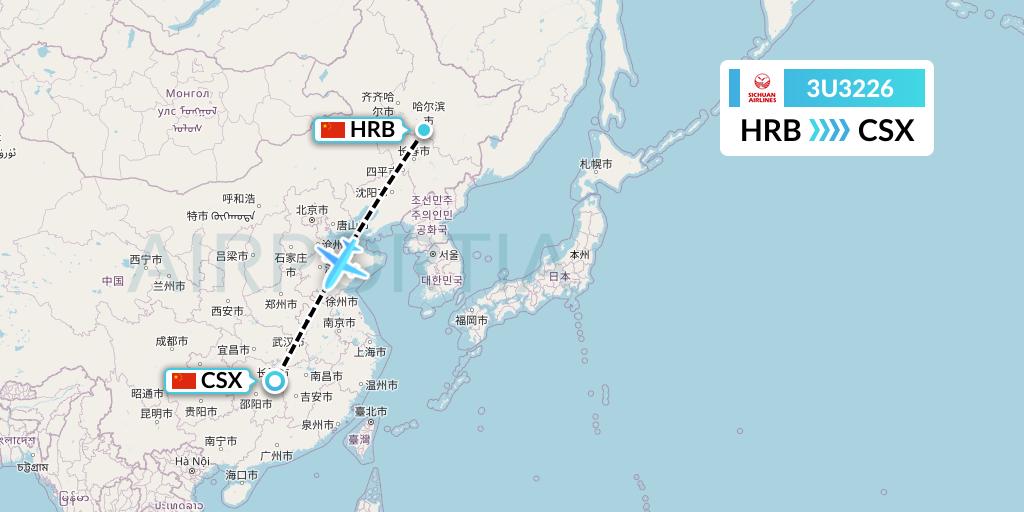 3U3226 Sichuan Airlines Flight Map: Harbin to Changsha
