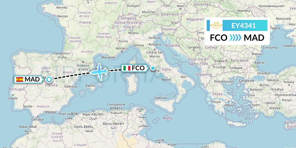 EY4341 Etihad Airways Flight Map: Rome to Madrid
