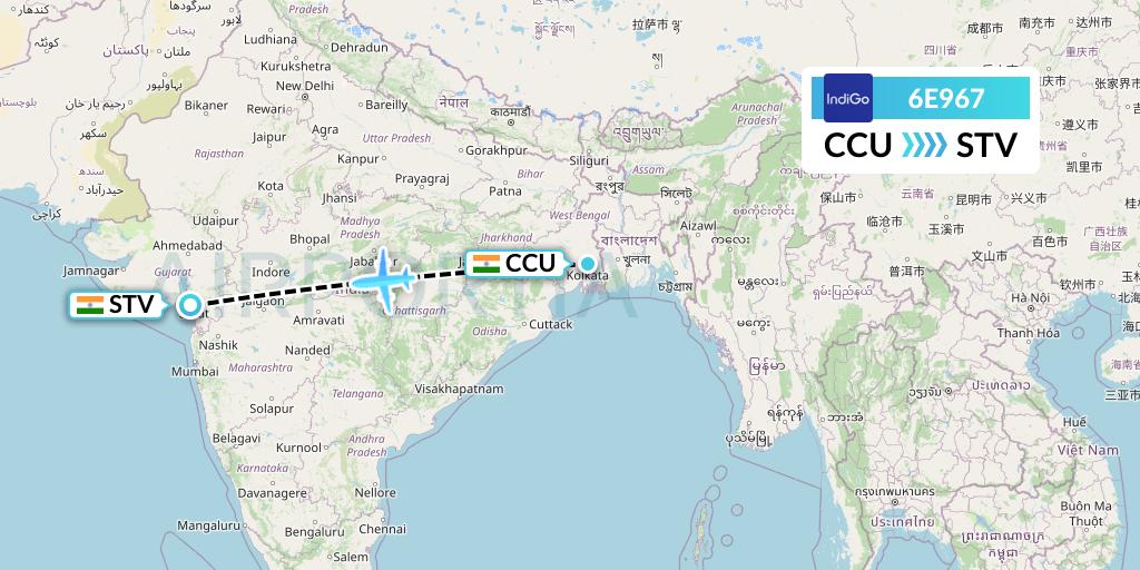 6E967 IndiGo Airlines Flight Map: Kolkata to Surat