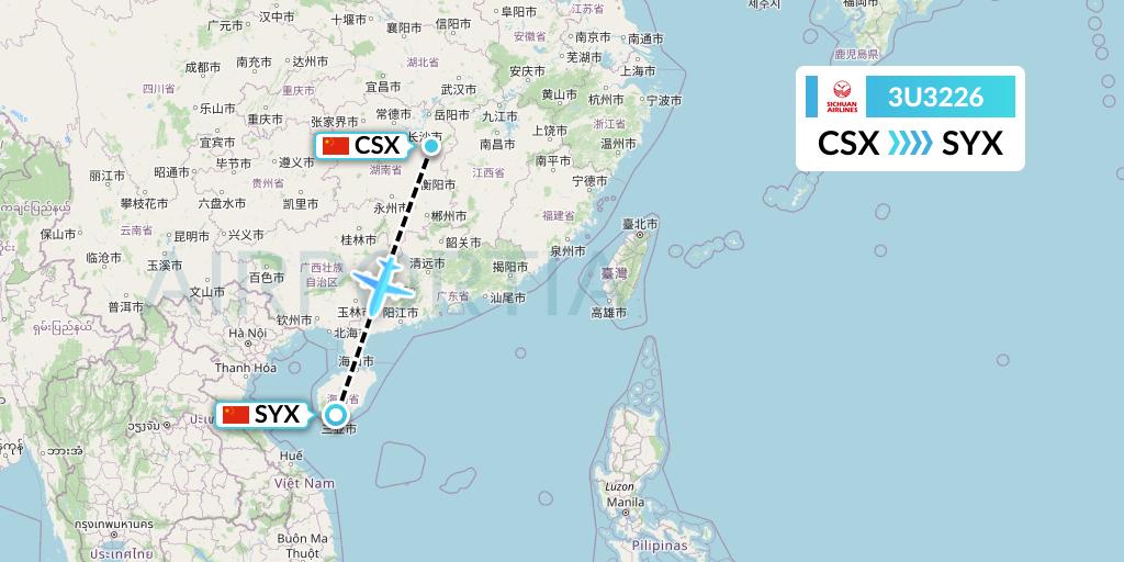 3U3226 Sichuan Airlines Flight Map: Changsha to Sanya