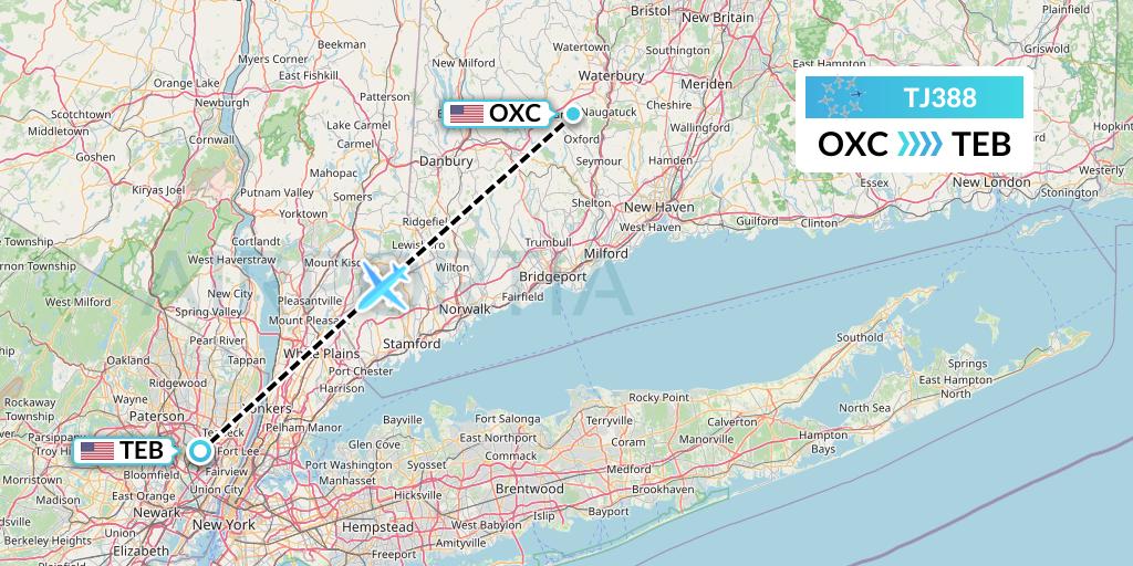 TJ388 Tradewind Aviation Flight Map: Oxford to Teterboro