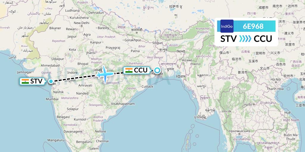 6E968 IndiGo Airlines Flight Map: Surat to Kolkata