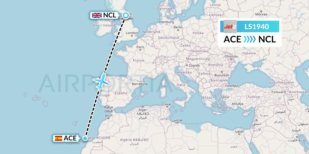 LS1940 Jet2 Flight Map: Lanzarote to Newcastle