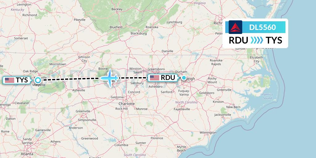 DL5560 Delta Air Lines Flight Map: Raleigh-Durham to Knoxville