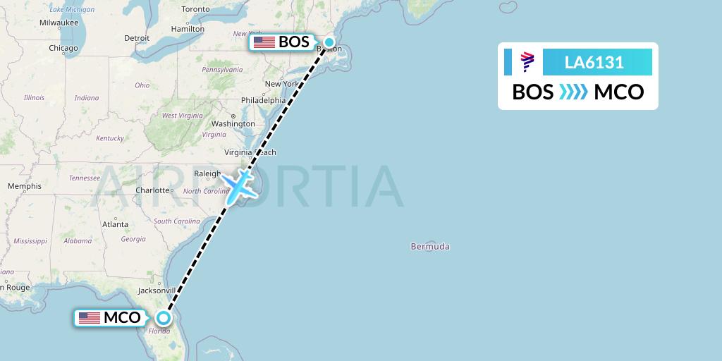 LA6131 LAN Airlines Flight Map: Boston to Orlando