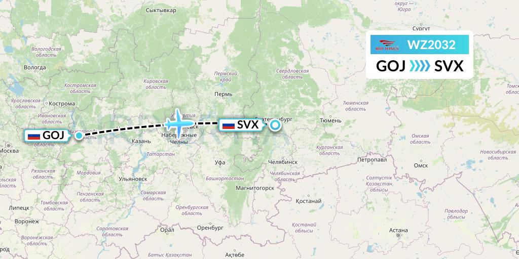 WZ2032 Red Wings Flight Map: Nizhny Novgorod to Yekaterinburg