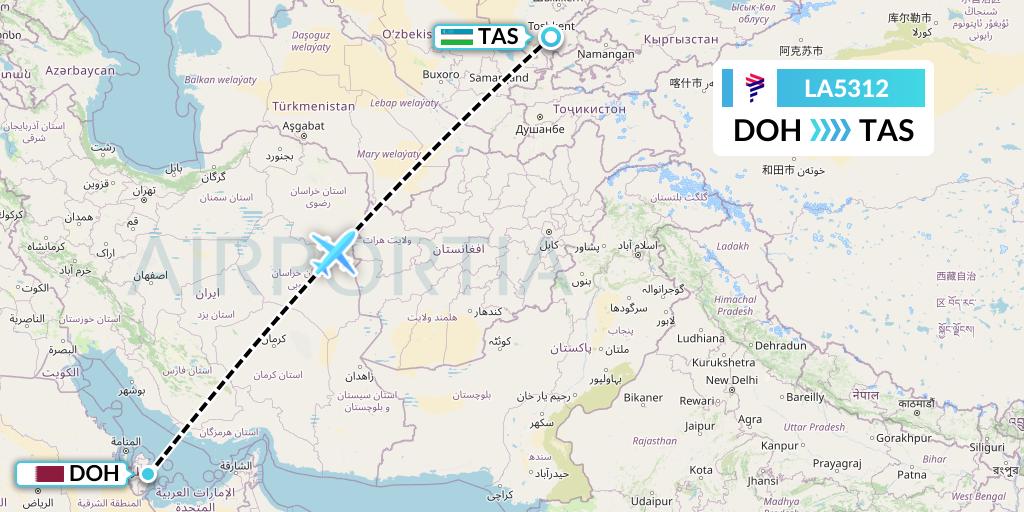 LA5312 LAN Airlines Flight Map: Doha to Tashkent