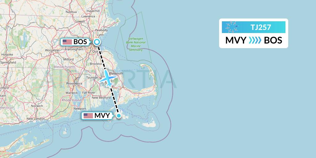 TJ257 Tradewind Aviation Flight Map: Martha's Vineyard to Boston