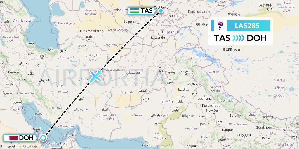LA5285 LAN Airlines Flight Map: Tashkent to Doha
