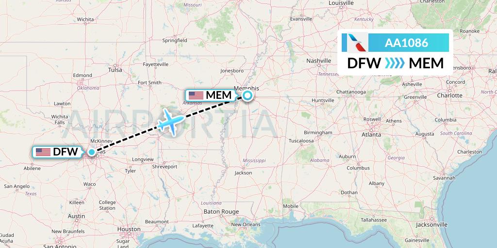 AA1086 American Airlines Flight Map: Dallas to Memphis