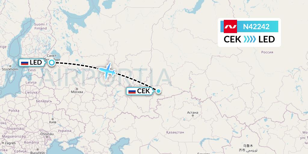 N42242 Nordwind Airlines Flight Map: Chelyabinsk to St. Petersburg