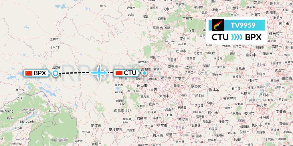 TV9959 Tibet Airlines Flight Map: Chengdu to Bangda