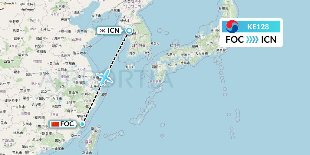 KE128 Korean Air Flight Map: Fuzhou to Seoul