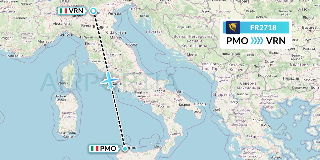 FR2718 Ryanair Flight Map: Palermo to Verona