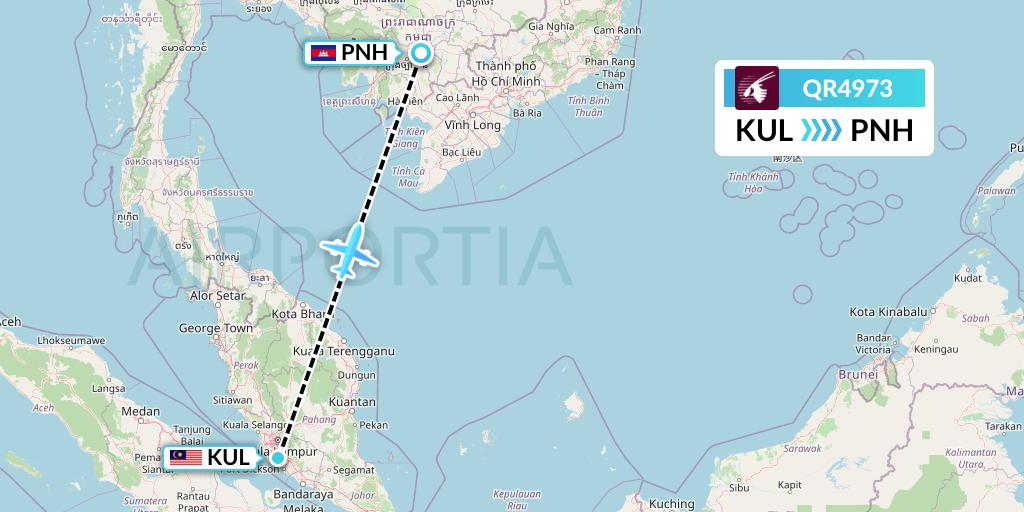 QR4973 Qatar Airways Flight Map: Kuala Lumpur to Phnom Penh
