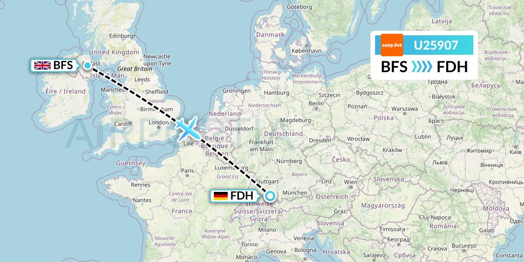 U25907 EasyJet Flight Map: Belfast to Friedrichshafen