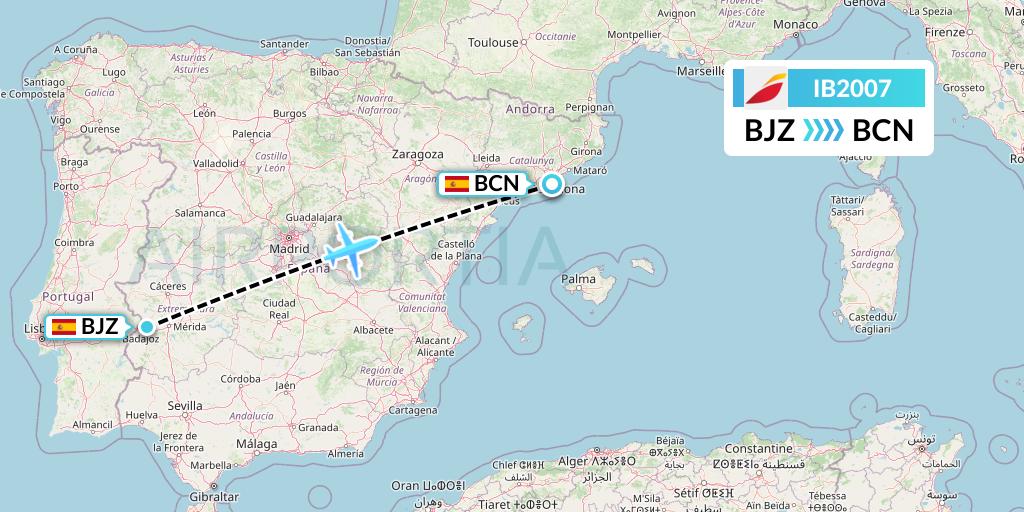 IB2007 Iberia Flight Map: Badajoz to Barcelona
