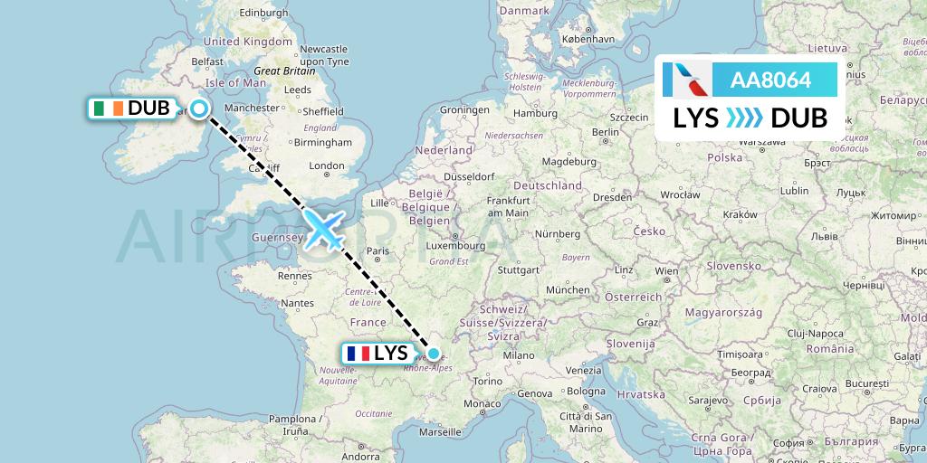 AA8064 American Airlines Flight Map: Lyon to Dublin