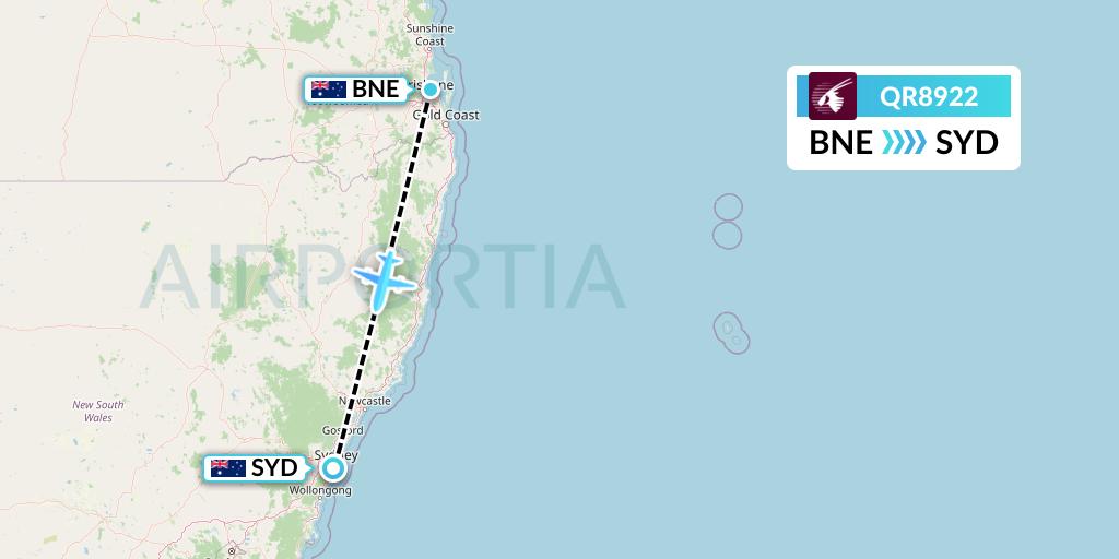 QR8922 Qatar Airways Flight Map: Brisbane to Sydney