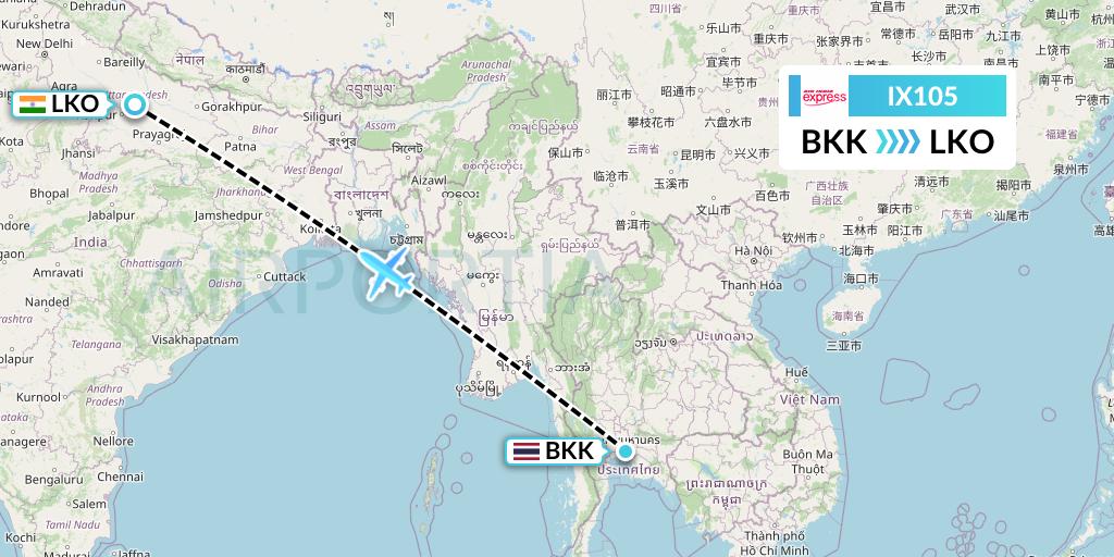 IX105 Air India Express Flight Map: Bangkok to Lucknow