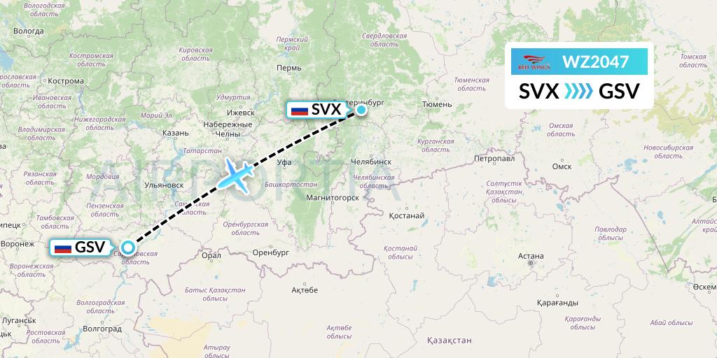WZ2047 Red Wings Flight Map: Yekaterinburg to Saratov