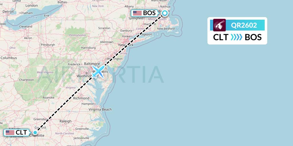 QR2602 Qatar Airways Flight Map: Charlotte to Boston