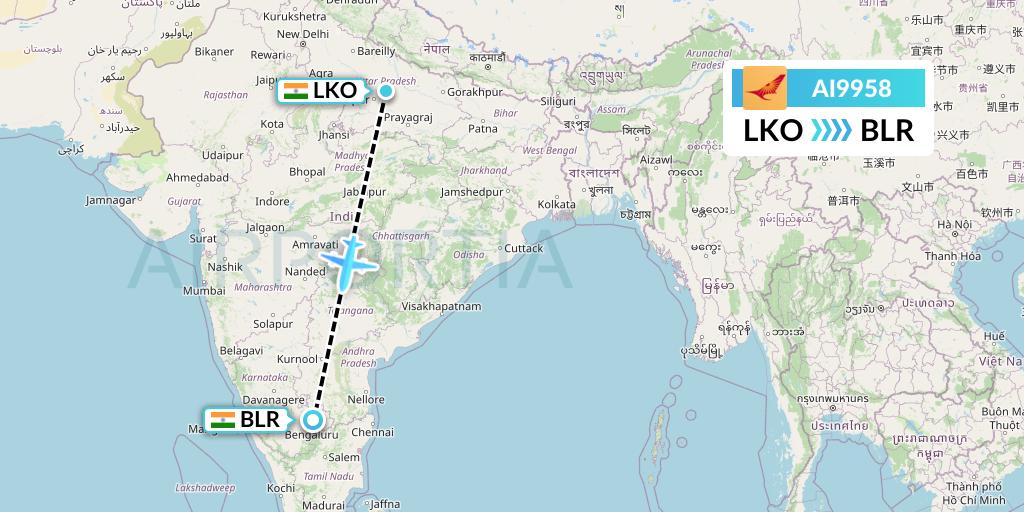 AI9958 Air India Flight Map: Lucknow to Bangalore