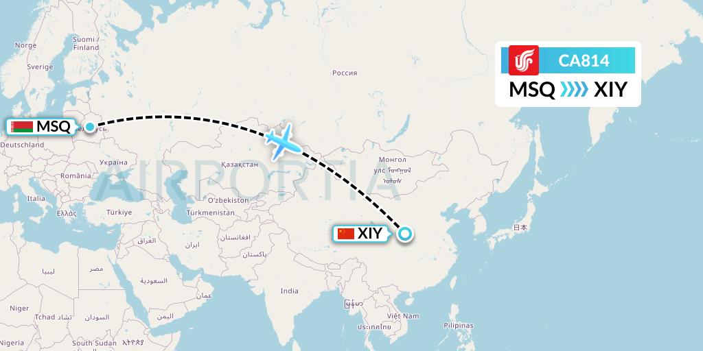 CA814 Air China Flight Map: Minsk to Xi'an