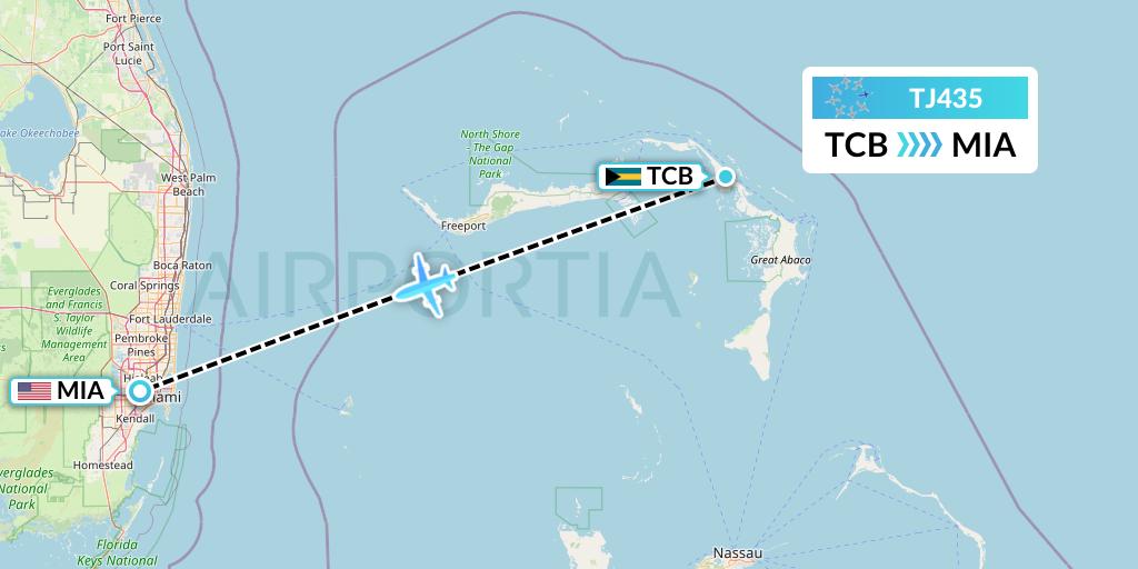 TJ435 Tradewind Aviation Flight Map: Treasure Cay to Miami