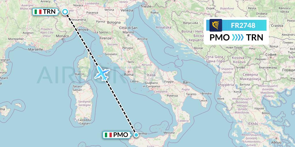 FR2748 Ryanair Flight Map: Palermo to Turin