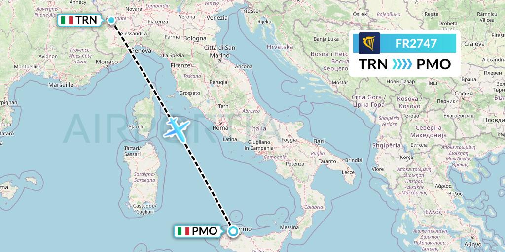 FR2747 Ryanair Flight Map: Turin to Palermo