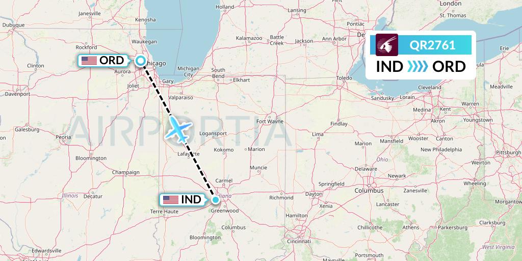 QR2761 Qatar Airways Flight Map: Indianapolis to Chicago