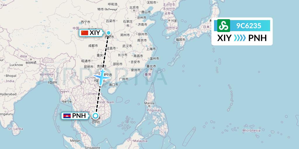 9C6235 Spring Airlines Flight Map: Xi'an to Phnom Penh
