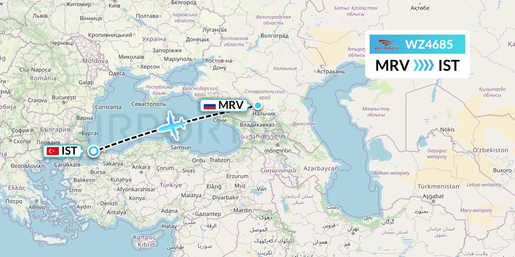 WZ4685 Red Wings Flight Map: Mineralnye Vody to Istanbul