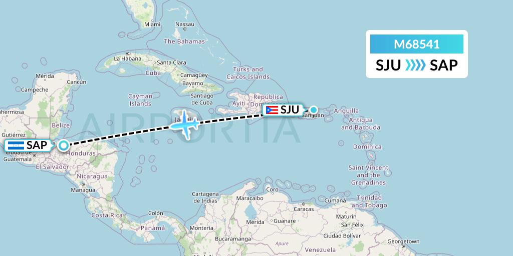 M68541 Amerijet International Flight Map: San Juan to San Pedro Sula