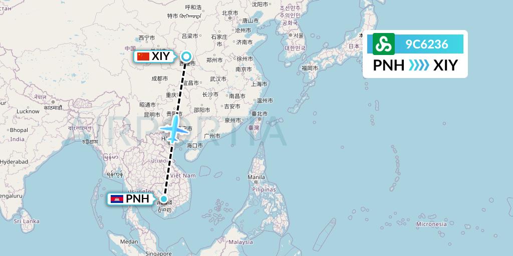9C6236 Spring Airlines Flight Map: Phnom Penh to Xi'an