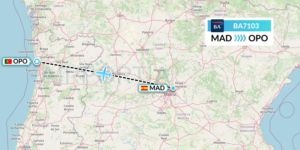 BA7103 British Airways Flight Map: Madrid to Porto