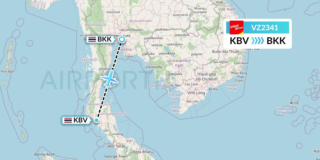 VZ2341 Thai Vietjet Air Flight Map: Krabi to Bangkok