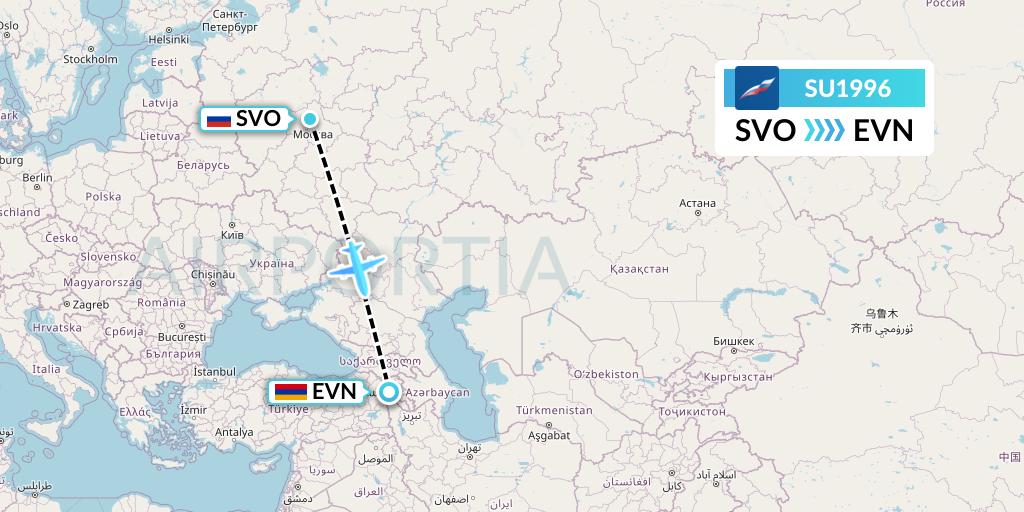 SU1996 Aeroflot Flight Map: Moscow to Yerevan