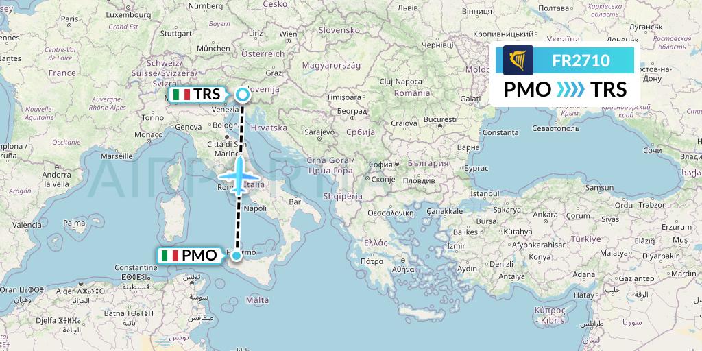 FR2710 Ryanair Flight Map: Palermo to Trieste