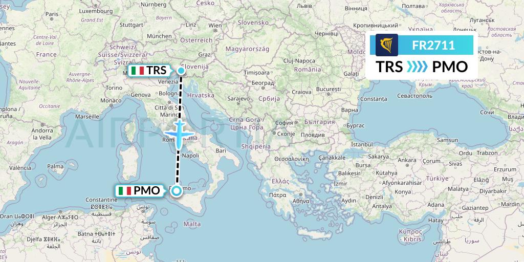 FR2711 Ryanair Flight Map: Trieste to Palermo
