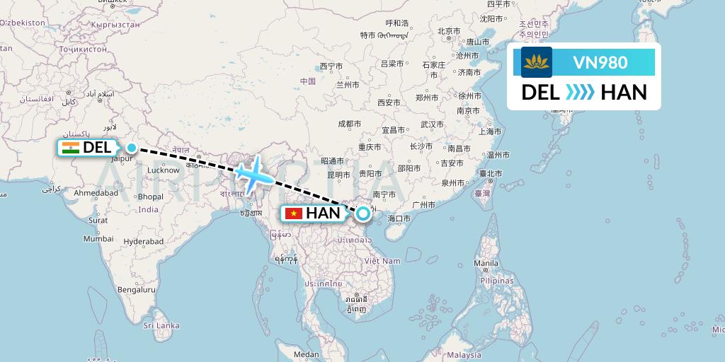 VN980 Vietnam Airlines Flight Map: Delhi to Hanoi