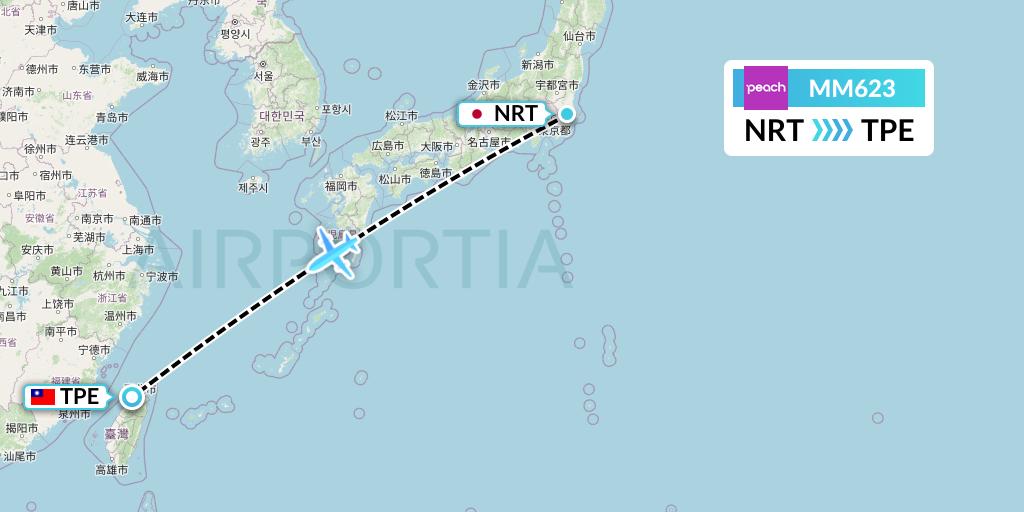 MM623 Peach Aviation Flight Map: Tokyo to Taipei