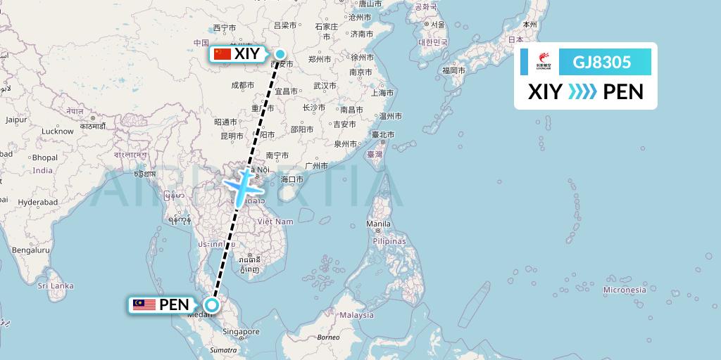 GJ8305 Loong Airlines Flight Map: Xi'an to Penang