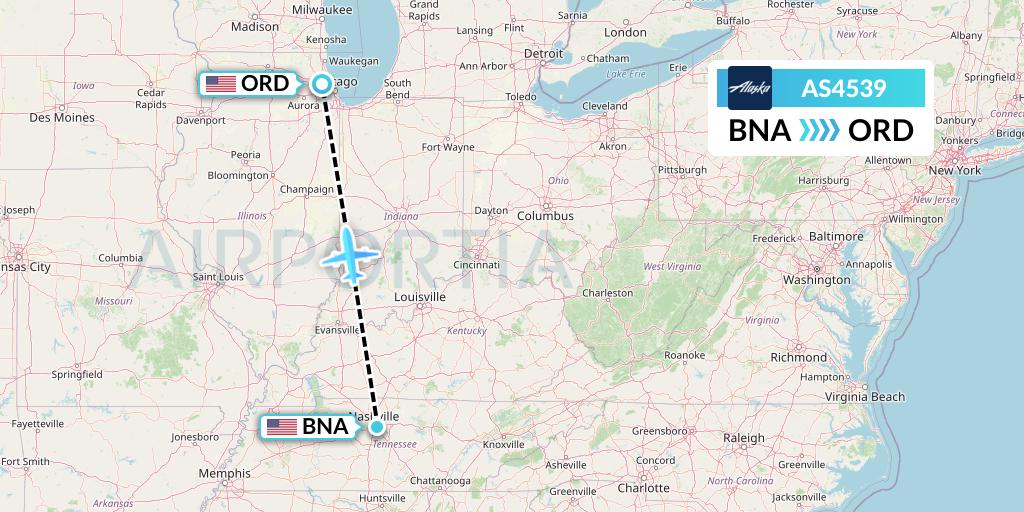 AS4539 Alaska Airlines Flight Map: Nashville to Chicago