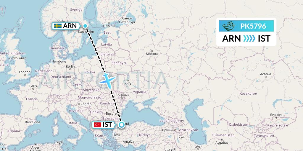 PK5796 Pakistan International Airlines Flight Map: Stockholm to Istanbul