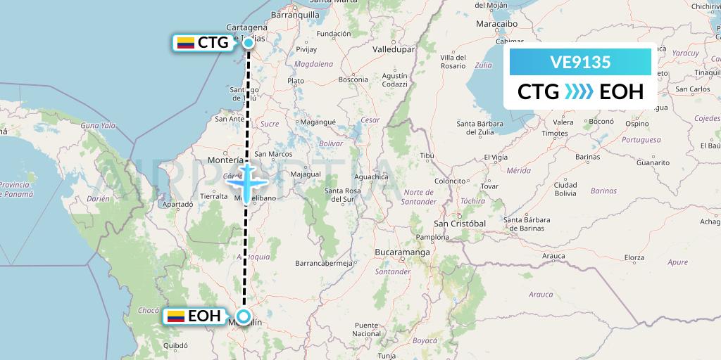 VE9135 Easyfly Flight Map: Cartagena to Medellin