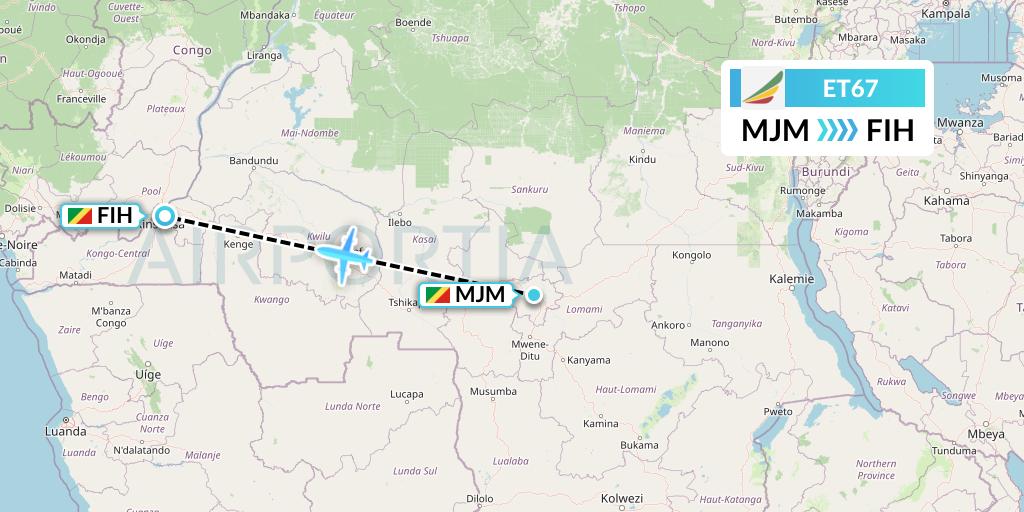 ET67 Ethiopian Airlines Flight Map: Mbuji Mayi to Kinshasa